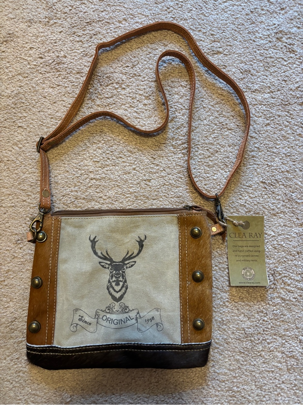 Clea Ray Brown Canvas & Leather Crossbody Bag with Stag Print sustainable